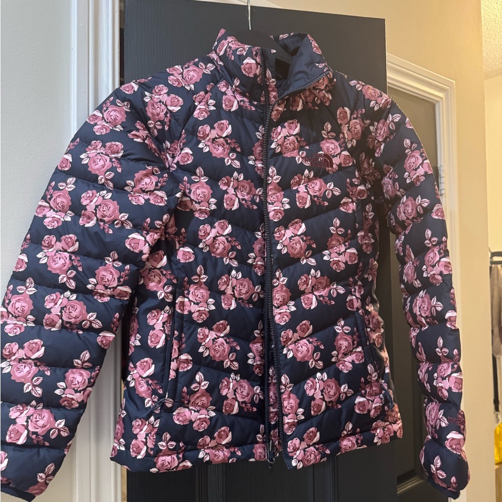 North Face Floral Pink and Black Women's down filled Jacket